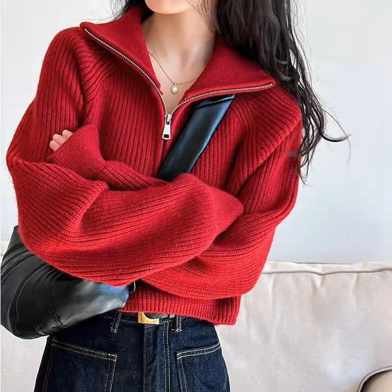 Alobee Women Short Autumn And Winter New High Waist Loose Half-High Collar Design Sense Zip-Up Red Knit Sweater