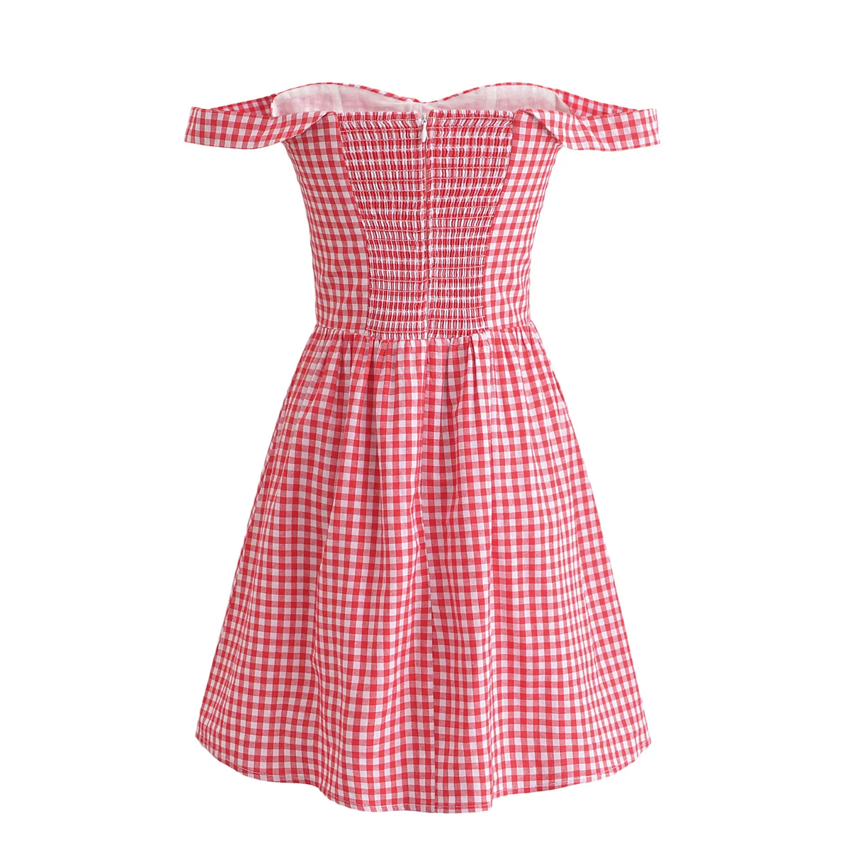 2024 Urlaub Plaid druck aus Schulter Mini kleid Retro Frauen Kurzarm niedrige Taille gerafften Saum Ballkleid Schaukel Mini Robe Party