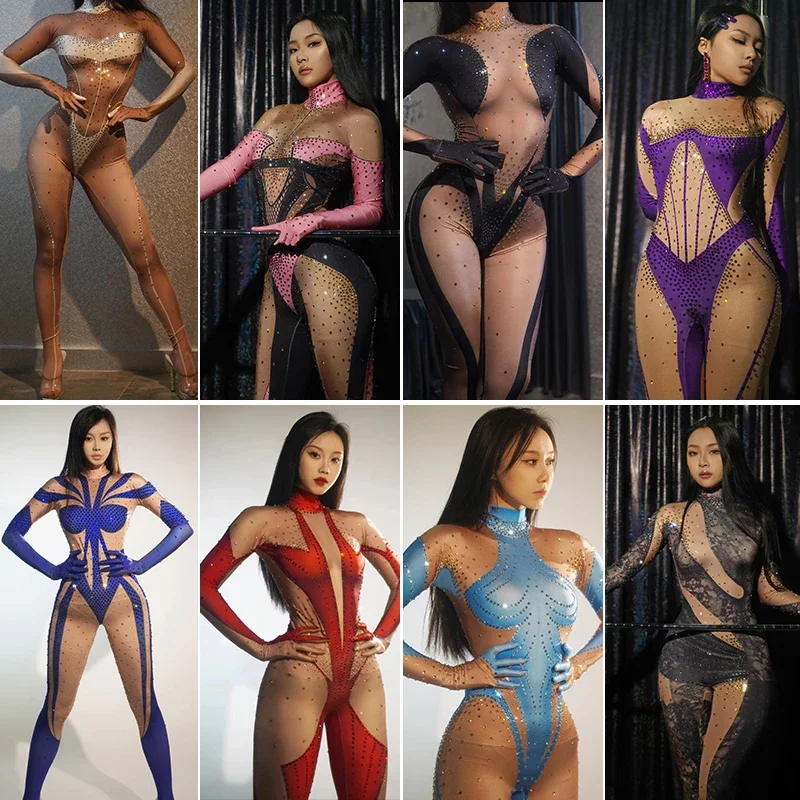 sexy blue pink rhinestones long sleeve jumpsuit women pole club Leotard Dance birthday party DS Singer drag queen Costumes
