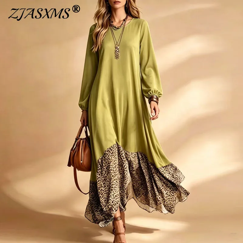 Boho-Spliced-Maxikleid für Damen, O-Ausschnitt, lange Ärmel, Leopardenmuster, Rüschen, fließender Saum, lockeres langes Kleid, Retro-Herbst-Urlaubs-Freizeitkleid