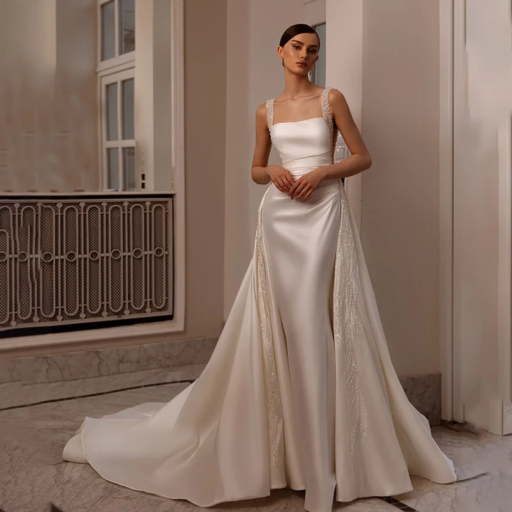 Square Neck Beading Bridal Gowns with Removable Train Custom Made Cutouts Backless Luxe Thick Satin Modern Wedding Dress