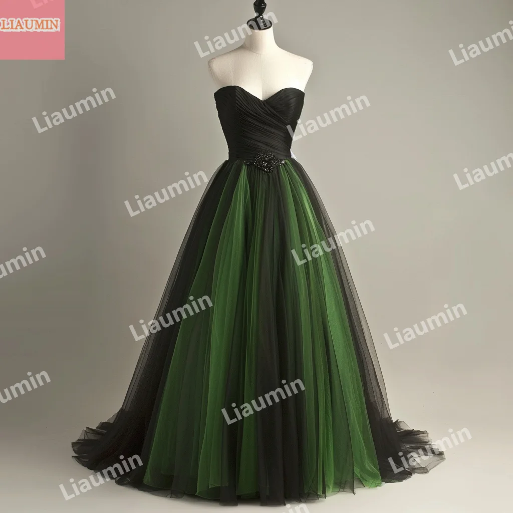 

Custom Made Green And Black Tulle Pleat A Line Strapless Beading Prom Dress Lace Up Back Evening Formal Party Clothing W15-53.6