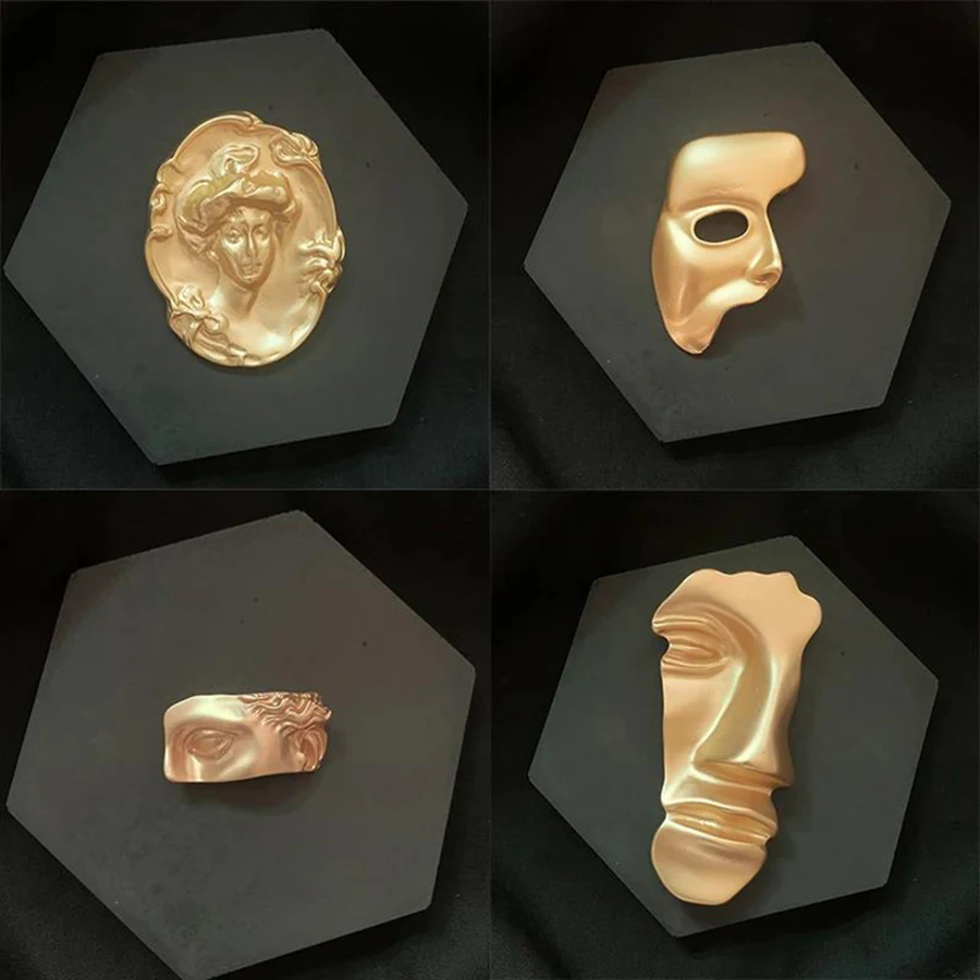1pc vintage metal abstrato meia face cor de ouro máscara broches para mulheres pinos colar rosto humano festa moda jóias