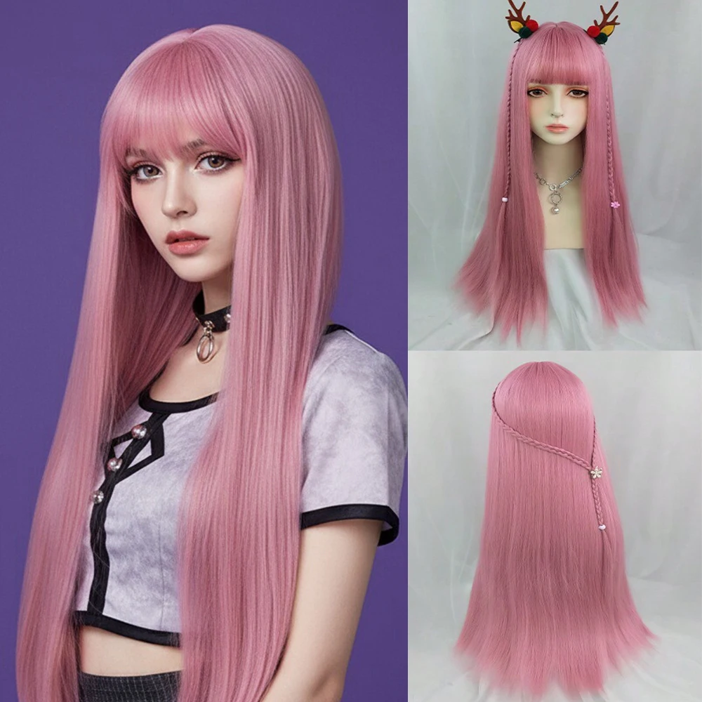 

Women Party Synthetic Long Straight Pink Wig with Bangs Lolita Cosplay Fluffy Fake Hair for Daily Party