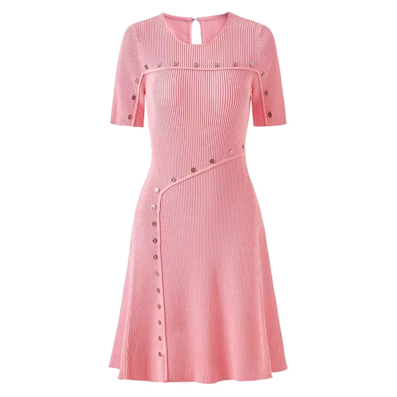 

Europe and America Style Designed Lady Buttons Solid 2025 Lady O-neck Short Sleeve Casual Wear Women Knit A-line Dress