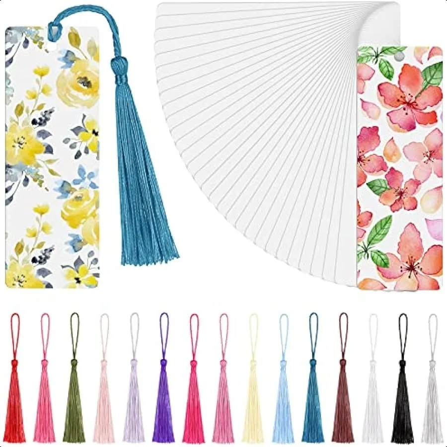 

30 Pieces Sublimation Blank Bookmark Heat Transfer Metal Aluminum DIY Bookmark with Hole and Colorful Tassels for Crafts Birthd