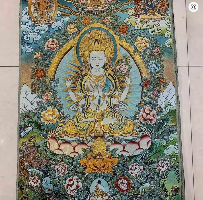 Buddhism Supply Four-armed Avalokitesvara Bodhisattva Buddha Tangka Embroidery Decoration Hanging Painting