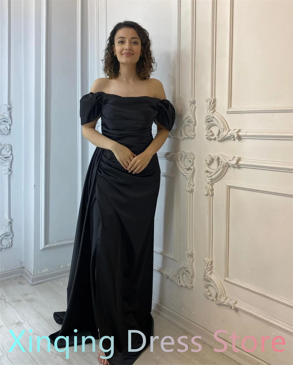 

Customized Mermaid Soft Black Satin Evening Dress Elegant Off the Shoulder Sleeveless Special Occasion Gowns Luxury P