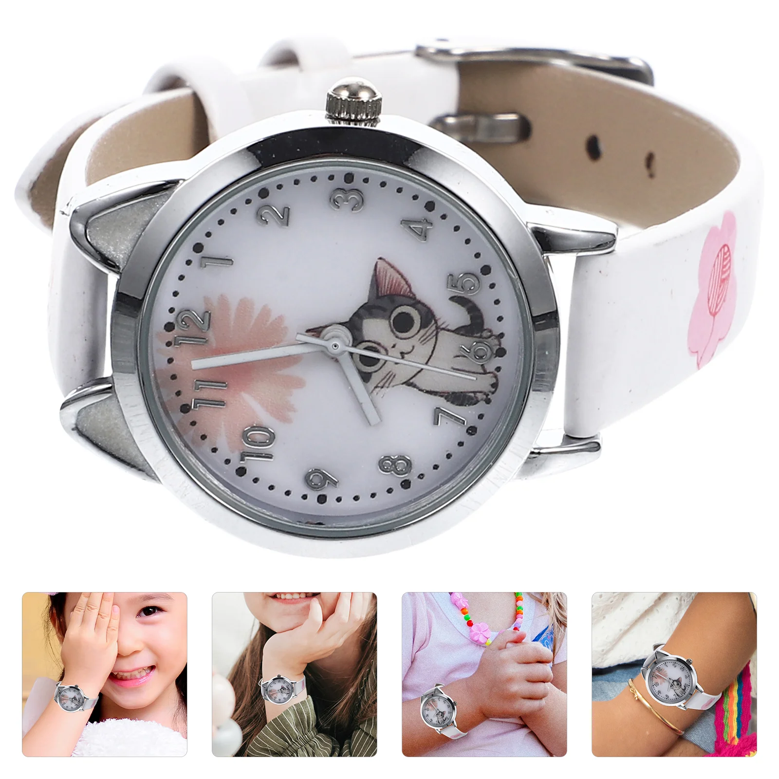 Horloge Quartz Cartoon Kitten Mode Design Schattige Witte Roestvrijstalen Band Polshorloge