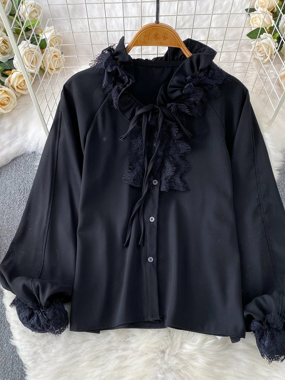 

Весенне-летняя шелковая рубашка с кружевной отделкой и поясом, женская свободная, удобная, дышащая, в милом корейском стиле, с длинным рукавом