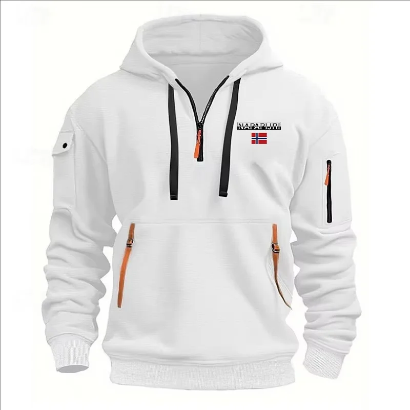 Men's Casual Sports Hoodie Spring Autumn Fashion Solid Color Long-Sleeved Pullover with Arm Pocket And Pull Rope plus Size