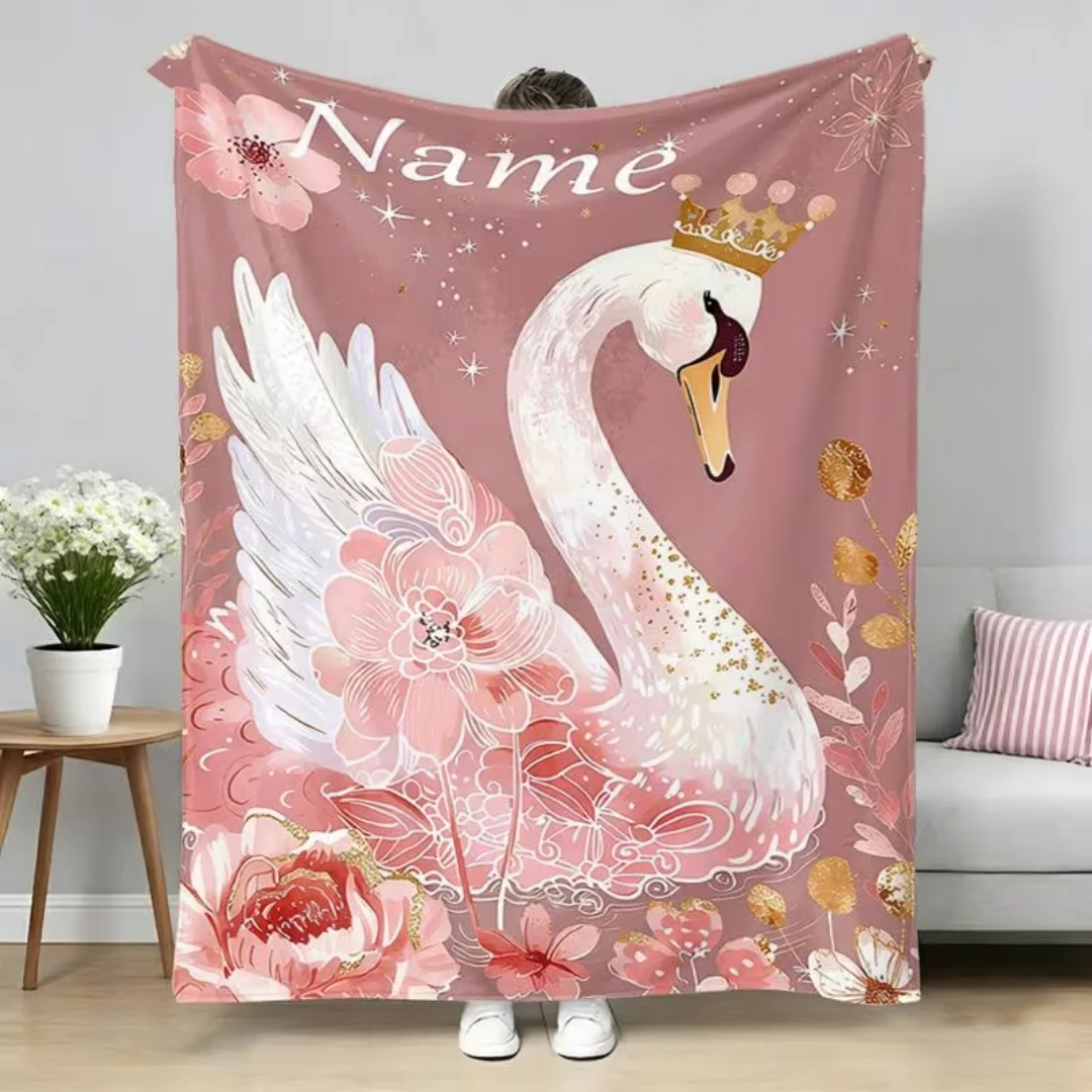 Custom Name Text Pink Swan Digital Print Flannel Blanket, Soft Warm Throw for Sofa Bed Travel Camping Office Home Decor