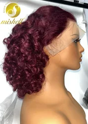 Pelucas de cabello humano rizado con encaje Frontal completo, 16 pulgadas, 13x4, 250% de densidad, Borgoña 99J, onda suelta corta, prearrancada