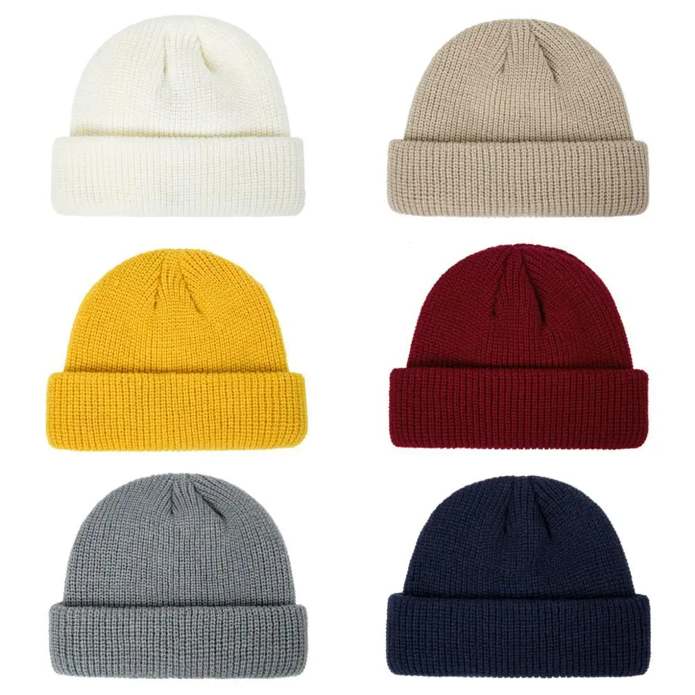 Custom embroidered logo solid color short knitted beanie caps winter landlord hat warm pullover cold hats for men and women