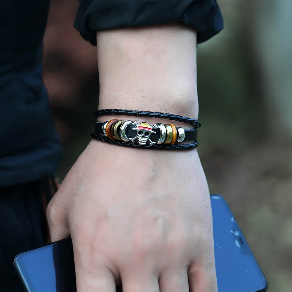 Bracelet One Piece Luffy 7.5 en cuir noir tressé, 1 pièce, jouet de dessin animé japonais, punk rock, cadeau