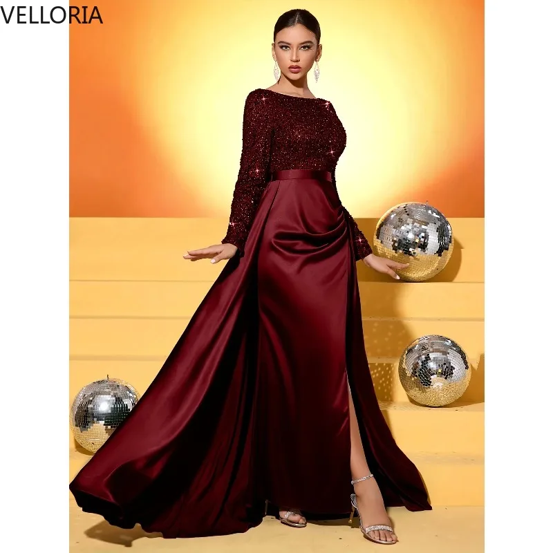 Elegant Burgundy Long Sleeve Party Dress Sequin Top Satin Evening Gown Custom 2025 Ball Gown Vestdos De Fiesta Customized