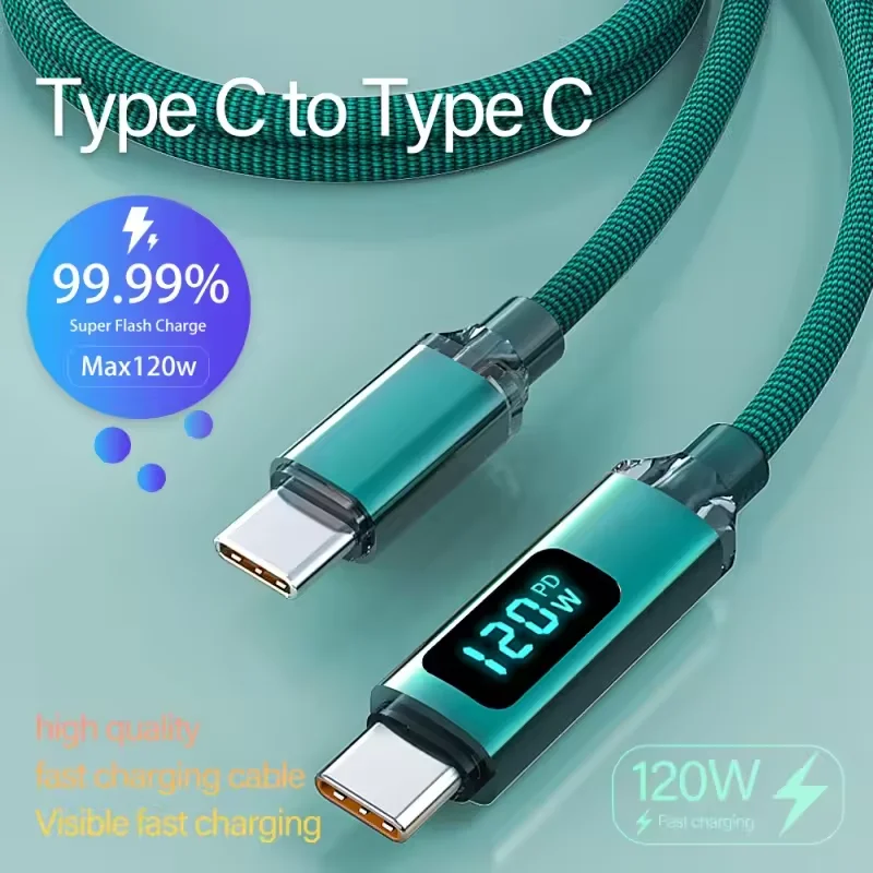 PD120W USB Type C Cable to USB C 6A Fast Charging Charger Data Cord For OPPO Realme Huawei Poco Samsung iPhone15 16 Display Wire