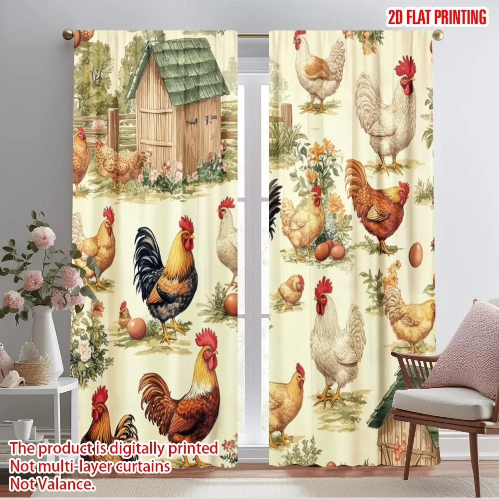 2pcs,2D plane printing Print Curtains Farmyard Fowls Versatile Polyester Fabric (without rod) Decorations Outdoor for Bedroom,
