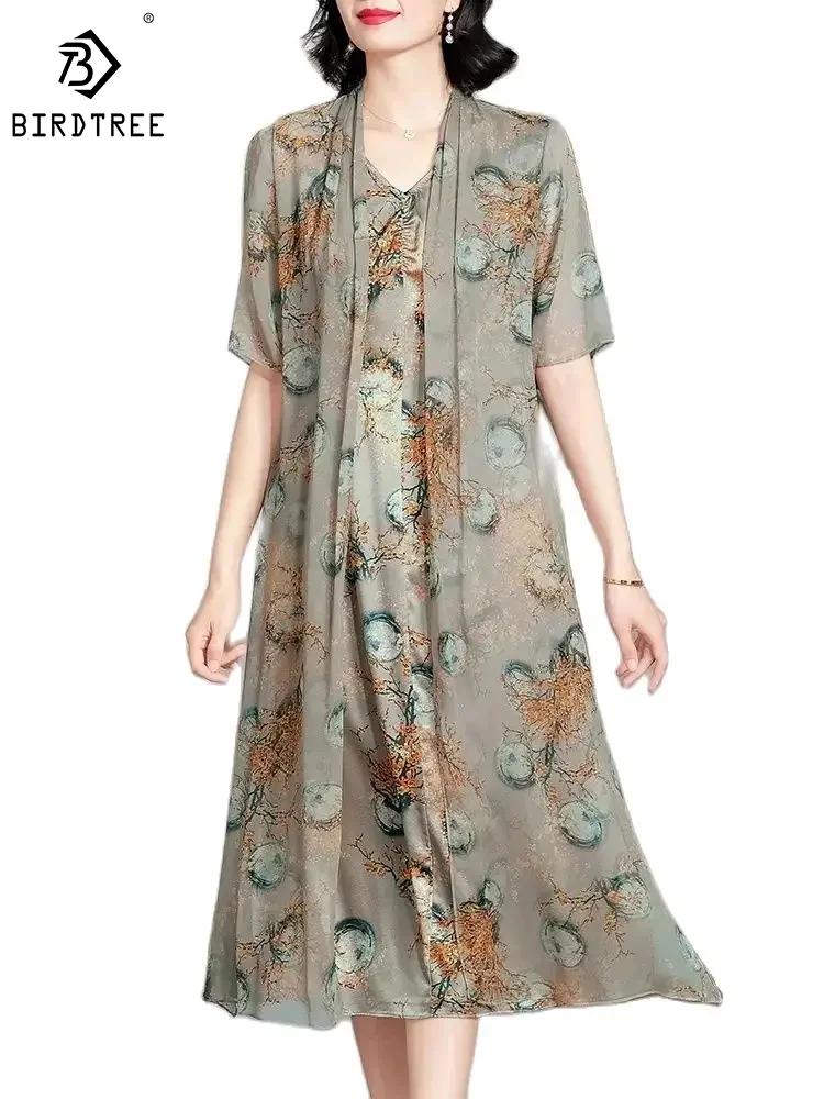 BirdTree 85.2% Mulberry Silk Women Dresses, Short Sleeve V-Neck Loose, Elegant Fashion Retro OL Dress, 2024 Spring New D42301QM