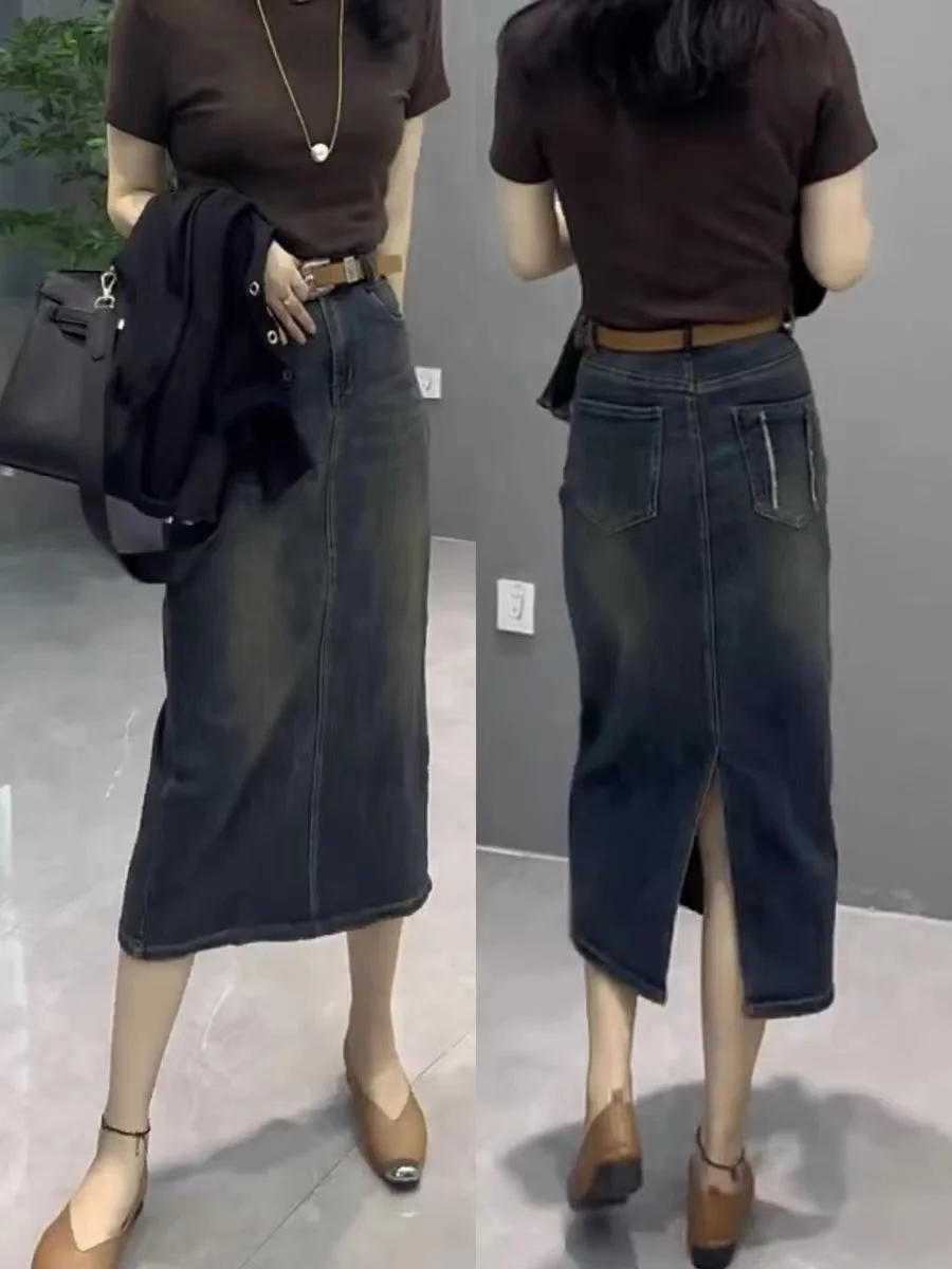 

High Waist Elastic Slit Denim Skirt Women's Spring Autumn plus Size A-Line Bodycon Long Skirts Korean Sle Commute