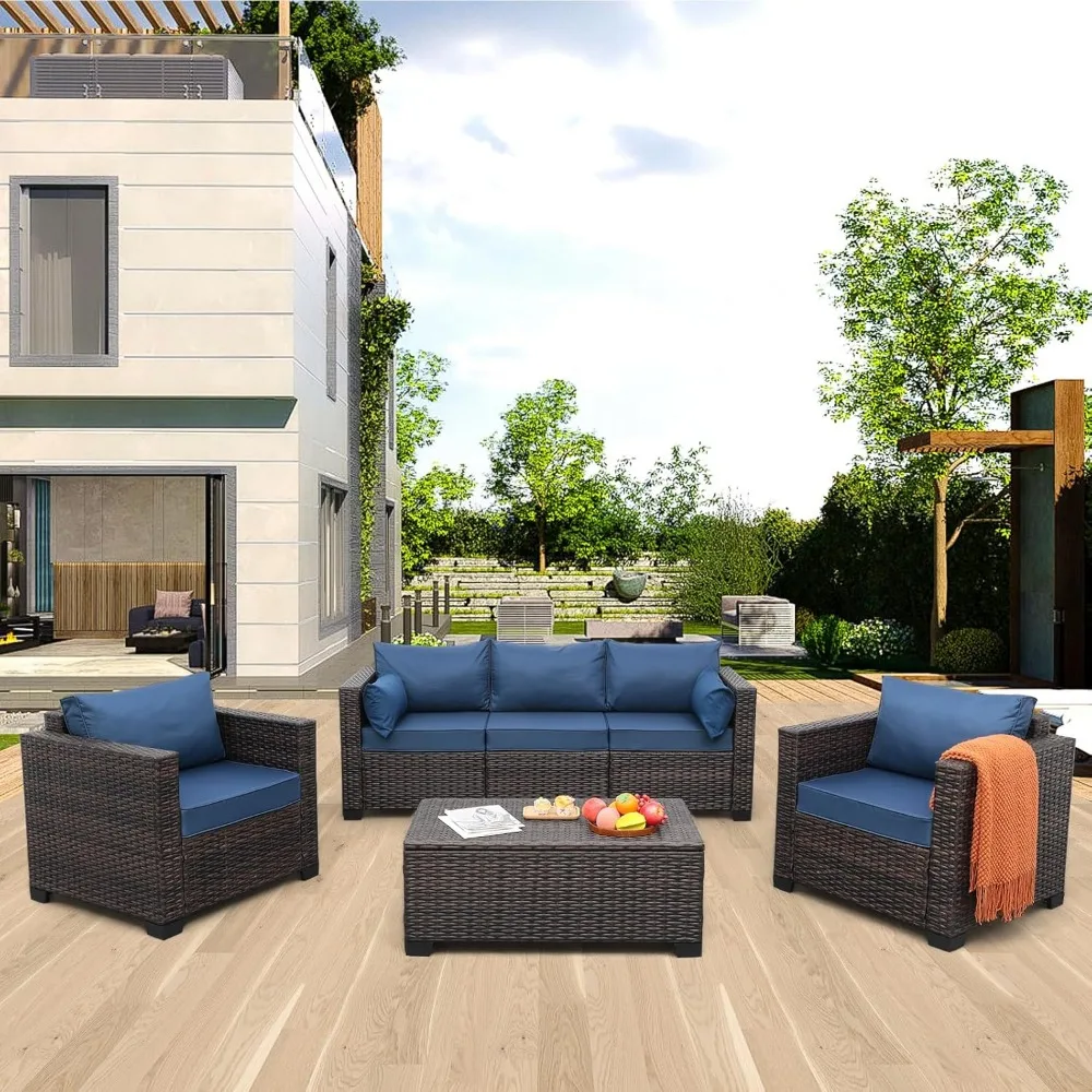 

Patio Rattan Furniture Set 4-Piece Outdoor PE Wicker Conversation Couch, Brown Sectional Sofa Couch with Storage Coffee Table N