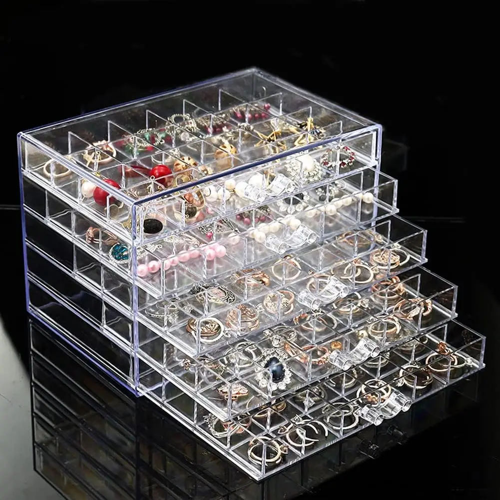 

Earring Storage Box Organizer, Acrylic Jewelry Storage Box Holder 5 Drawers Transparent Jewelry Display Stand with 120 S