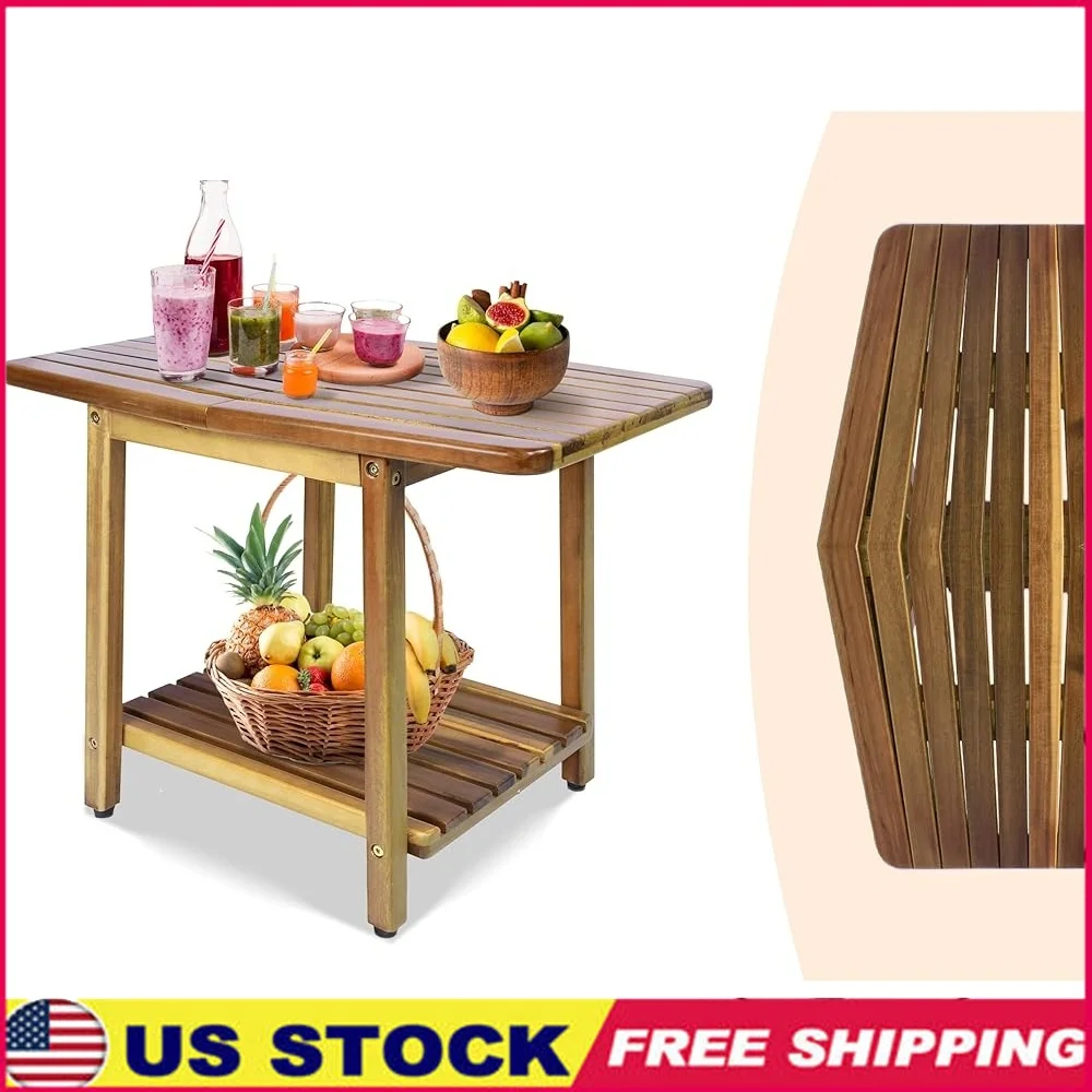 

Acacia Outdoor Side Table 2-Tier Patio End Table Weather Resistant Stable Garden Furniture Easy Assembly Strong Durability