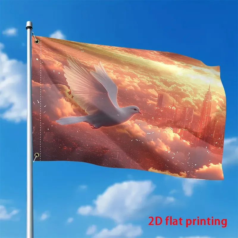 Dove Flying Over Cityscape Sunset Flag Polyester 2D Flat Print Spiritual Decoration Gift