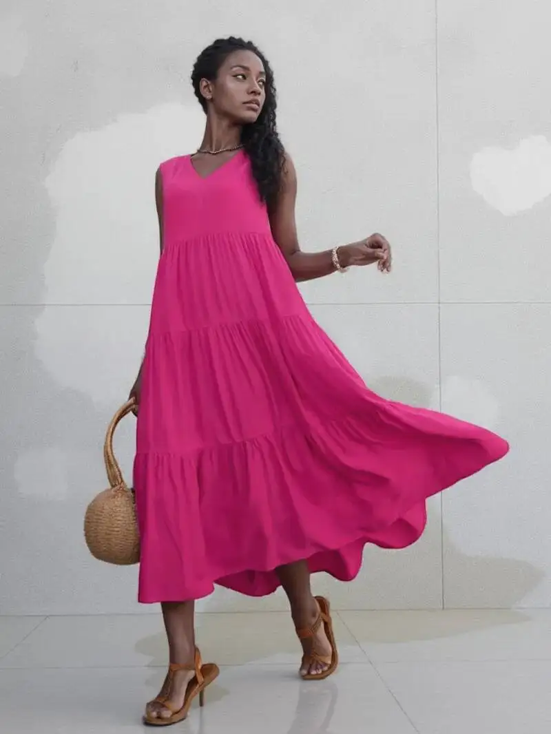 2025 Women Dress Summer Casual Brand Vacation Holiday Beach Long Dresses V-neck Loose Elegant Yellow Black  Dress Femme C4Z0