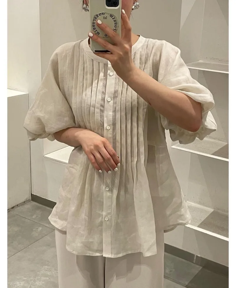 Pleated Shirts & Blouses Elegant 2024 Woman Blusas Single Breasted Ropa Mujer Roound Neck Camisas Summer Autumn New Roupas