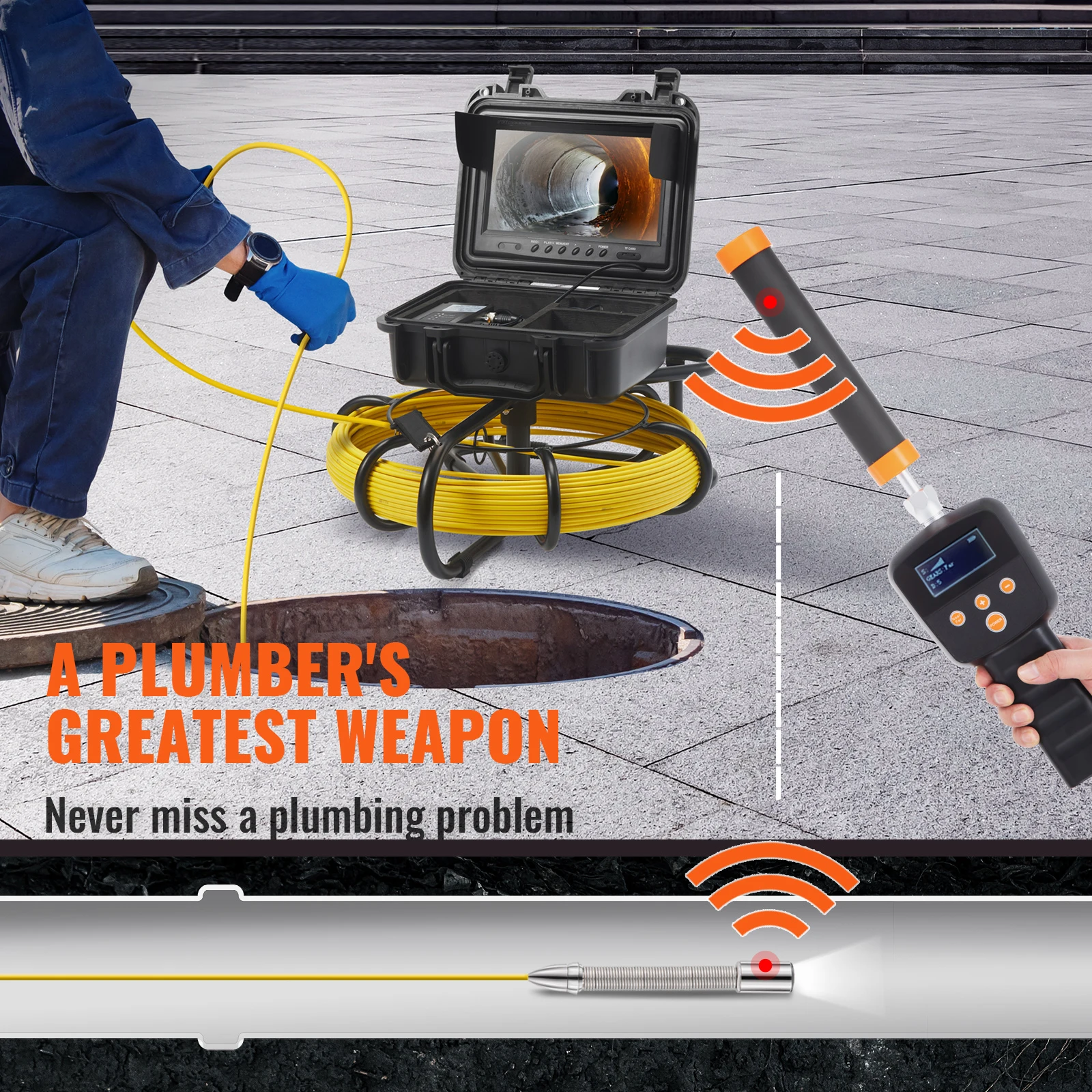 VEVOR Sewer Camera with 512Hz Locator IP68 9" Pipeline Inspection Camera w/DVR Function w/12 Adjustable LEDs and 16 GB SD Card