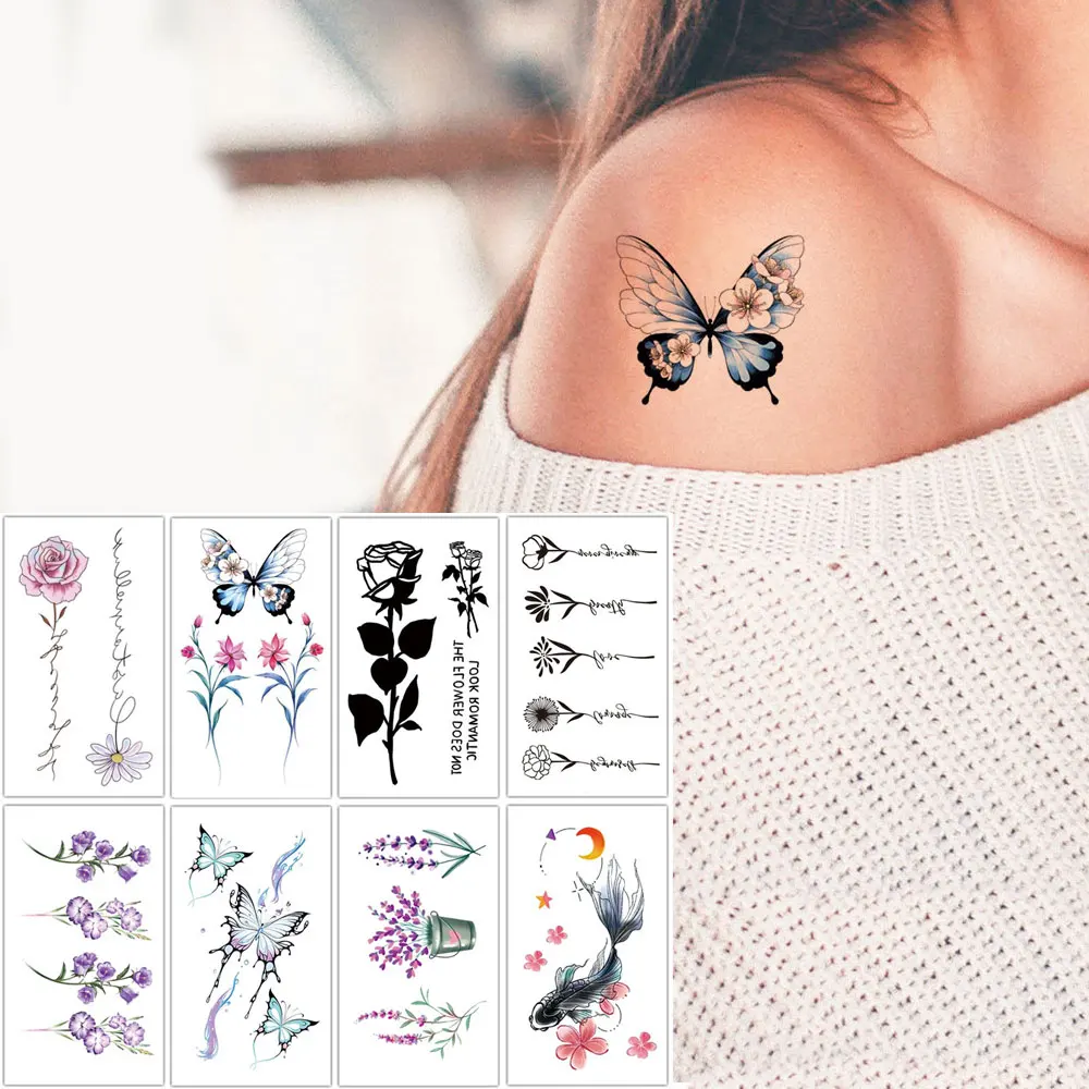 

8pcs Colorful Flower Butterfly Tattoo Stickers for Women Fish Rose Fake Tattoos Waterproof Temporary Tattoos Body Decor