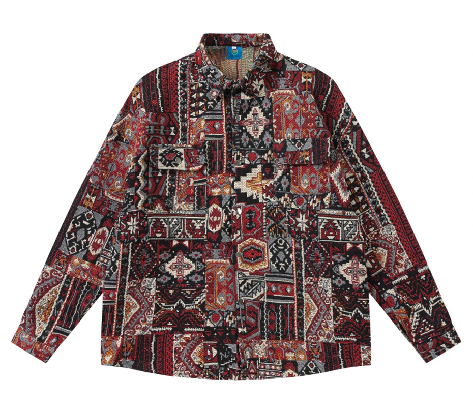 Thick Shirt Coat Y2K Hip Hop Knitted Retro Geometric Patterns Long Sleeve Button Shirts Vintage Harajuku Fashion Loose Tops Male