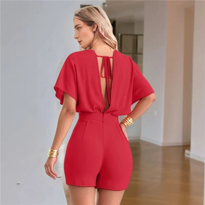 

A83F-Women's Jumpsuits Dressy Casual V-Neck Batwing Short Sleeve Shorts Elegant Ladies Jumpsuit Rompers