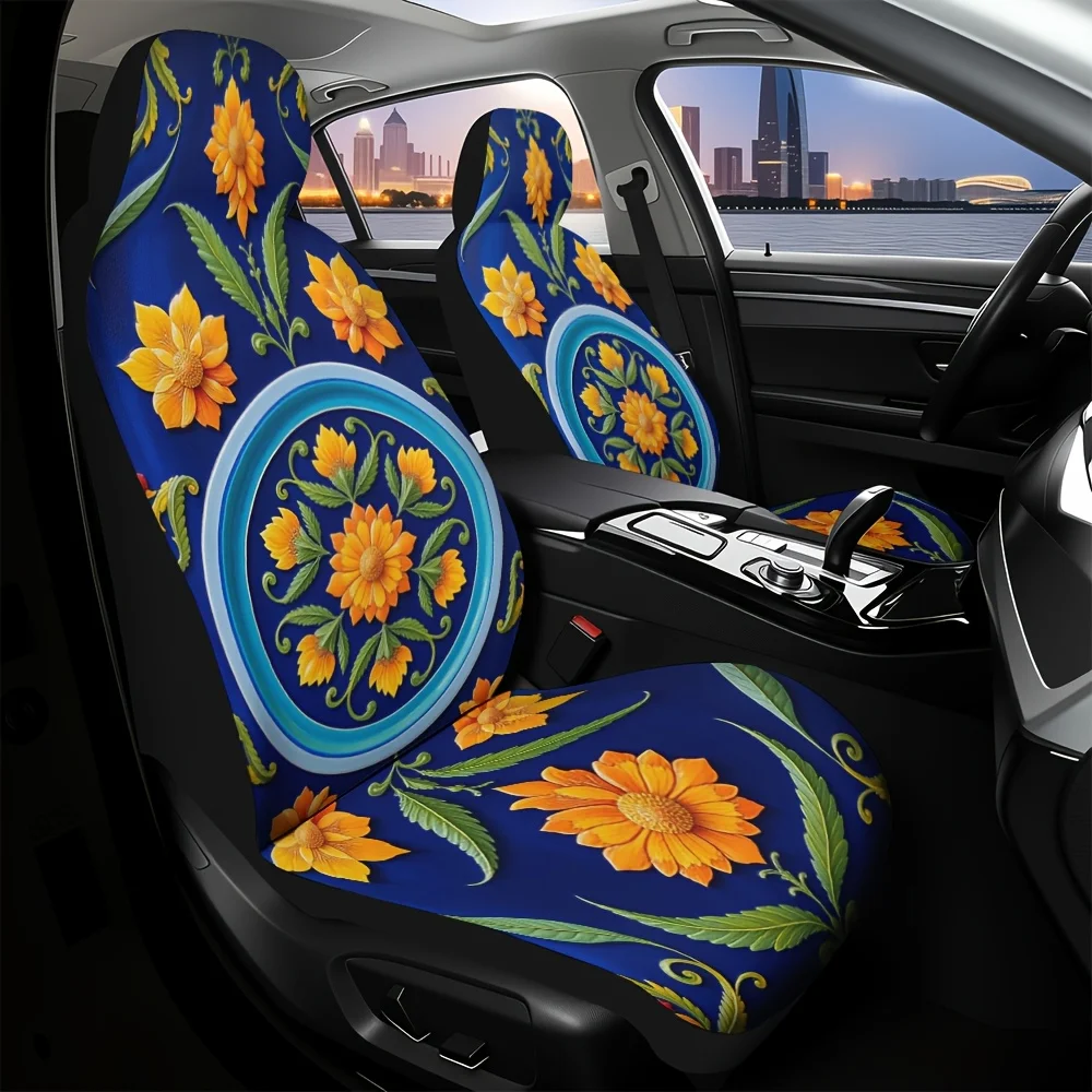 2pcs, Unique Floral Ornament Ceramic Tile Square Pattern Car Seat Covers, Durable And Washable, Suitable For Cars, SUVs, And Tru