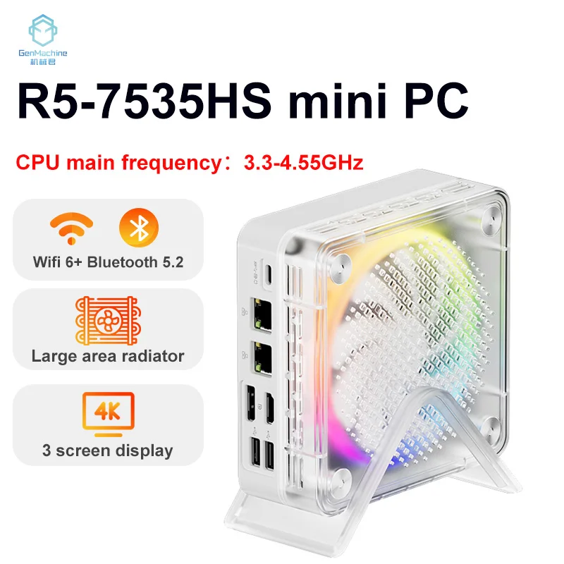 GenMachine AMD Ryzen 5 7535HS Light MINI PC Windows 11 Pro 8Cores DDR5 4800Mhz 256/512GB SSD WIFI6 BT5.2 Desktop Gaming Computer