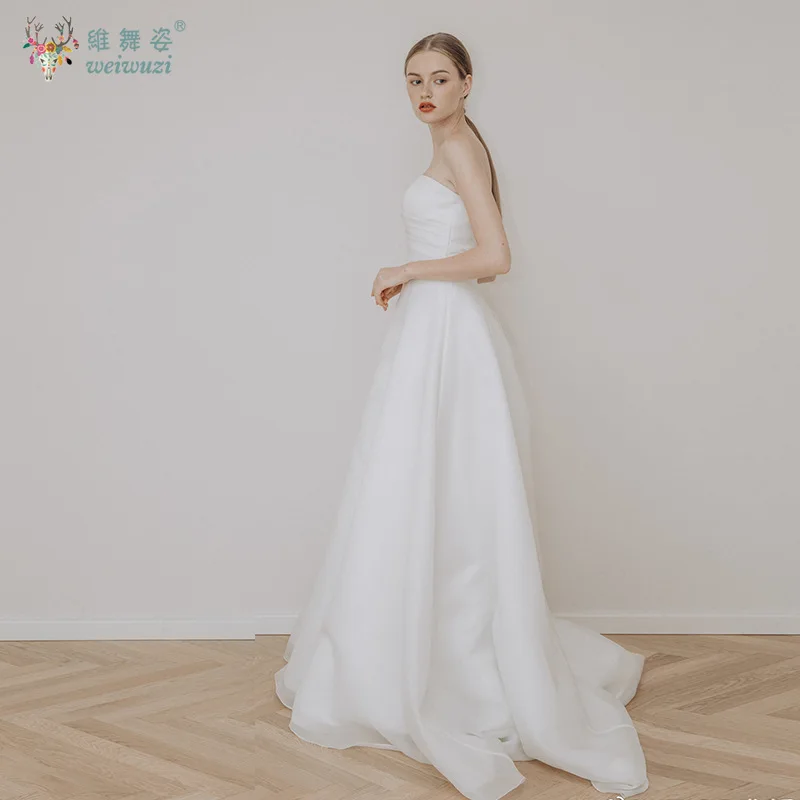 간단한 흰색 a 라인 새틴 Strapless 신부 웨딩 드레스 프랑스 스타일 우아한 a 라인 신부 드레스 웨딩 사진 의류