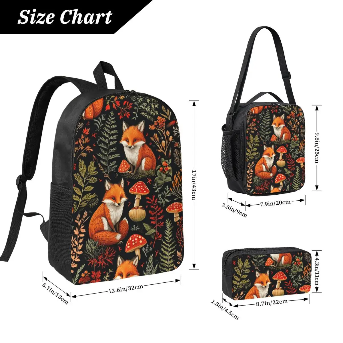 Cute Fox With Plant Pattern Backpack Student BookBag School Bag Computer Shoulder Bags 3ps Insulated Lunch Bag Pencil Case