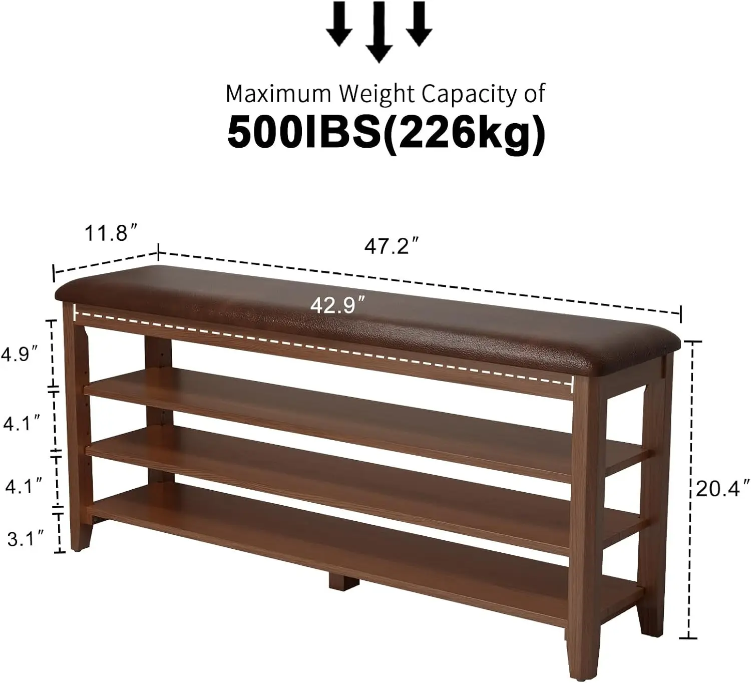 Shoe Bench With Leather Cushion 3 Tiers Height Adjustable Shoe Storage Bench Walnut Wood Entryway Bench Frame For Hallway Mudroom Living Room Brown