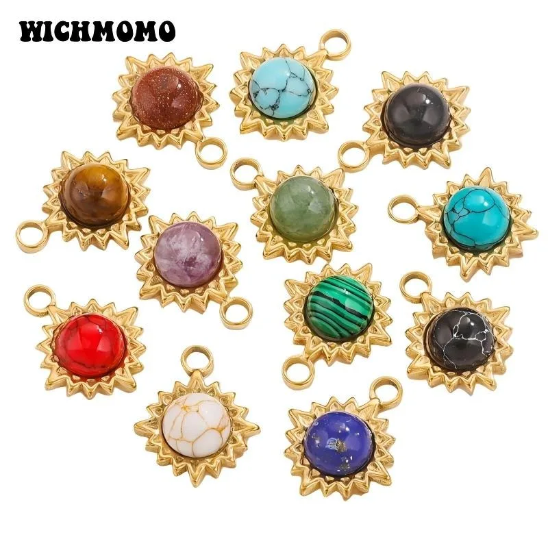 New 18.5*13mm 2pcs/bag Stainless Steel Sun Inlaid Natural Stone Luxury Pendant Charms DIY Necklace Earrings Jewelry Accessories