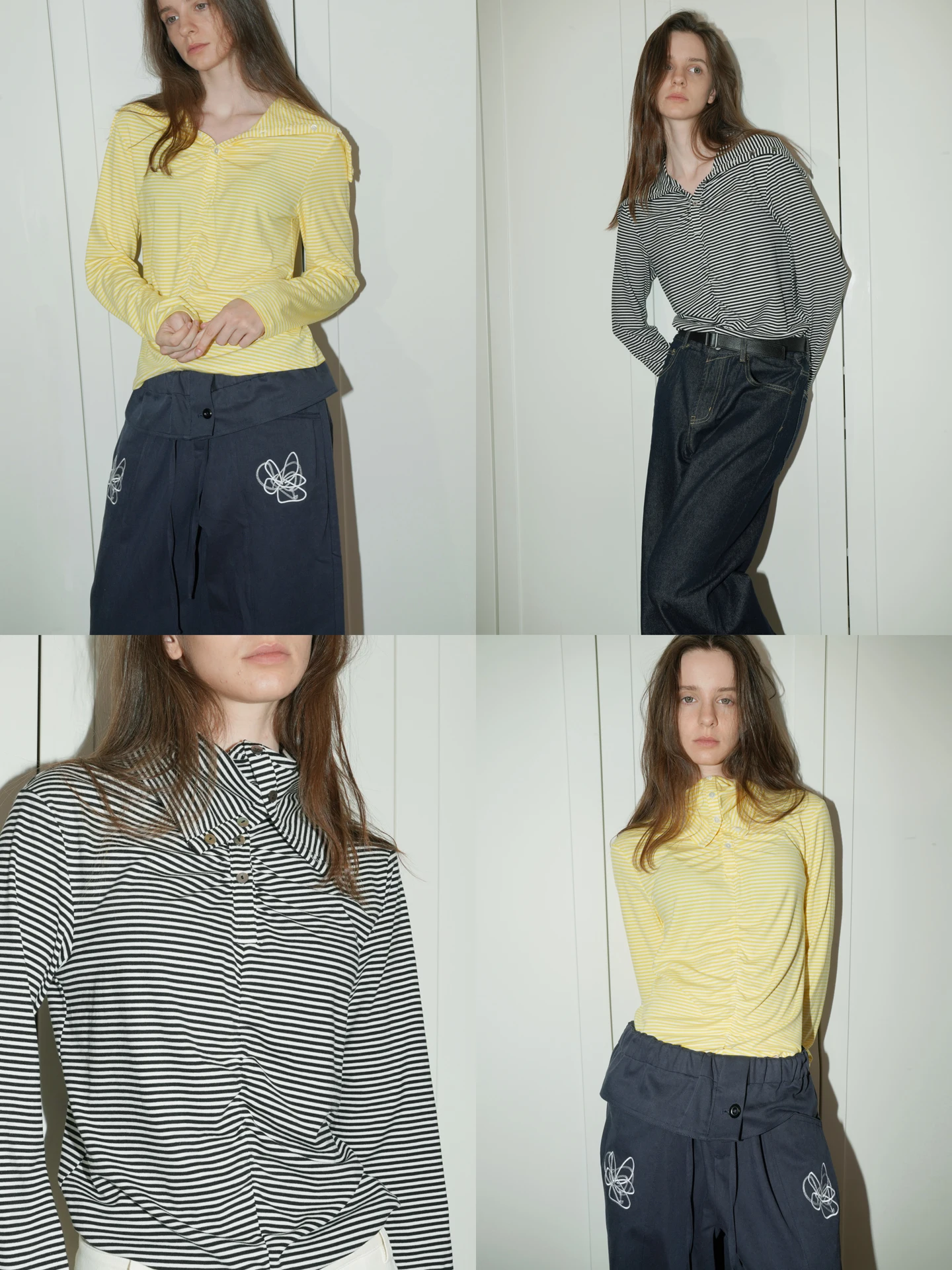 UNNNSAD Women's High Collar Striped Base Shirt Mixed Fiber Elastic Casual Style Straight Tube Long Sleeve T-shirt