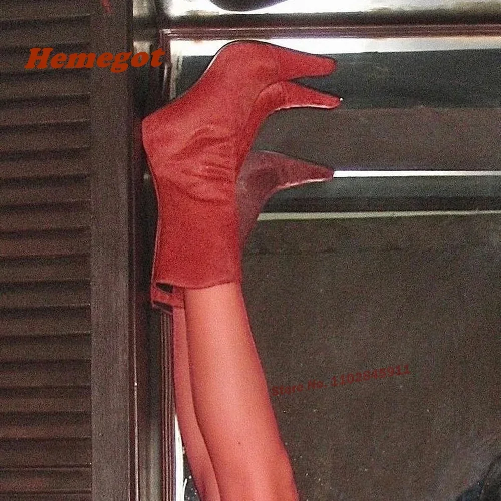 

Horsehair Pointy Toe Stiletto Heels Women's Boots Mid-Calf Heeled Western Boots Red Side Zipper Newest Solid Winter Shoes Sexy