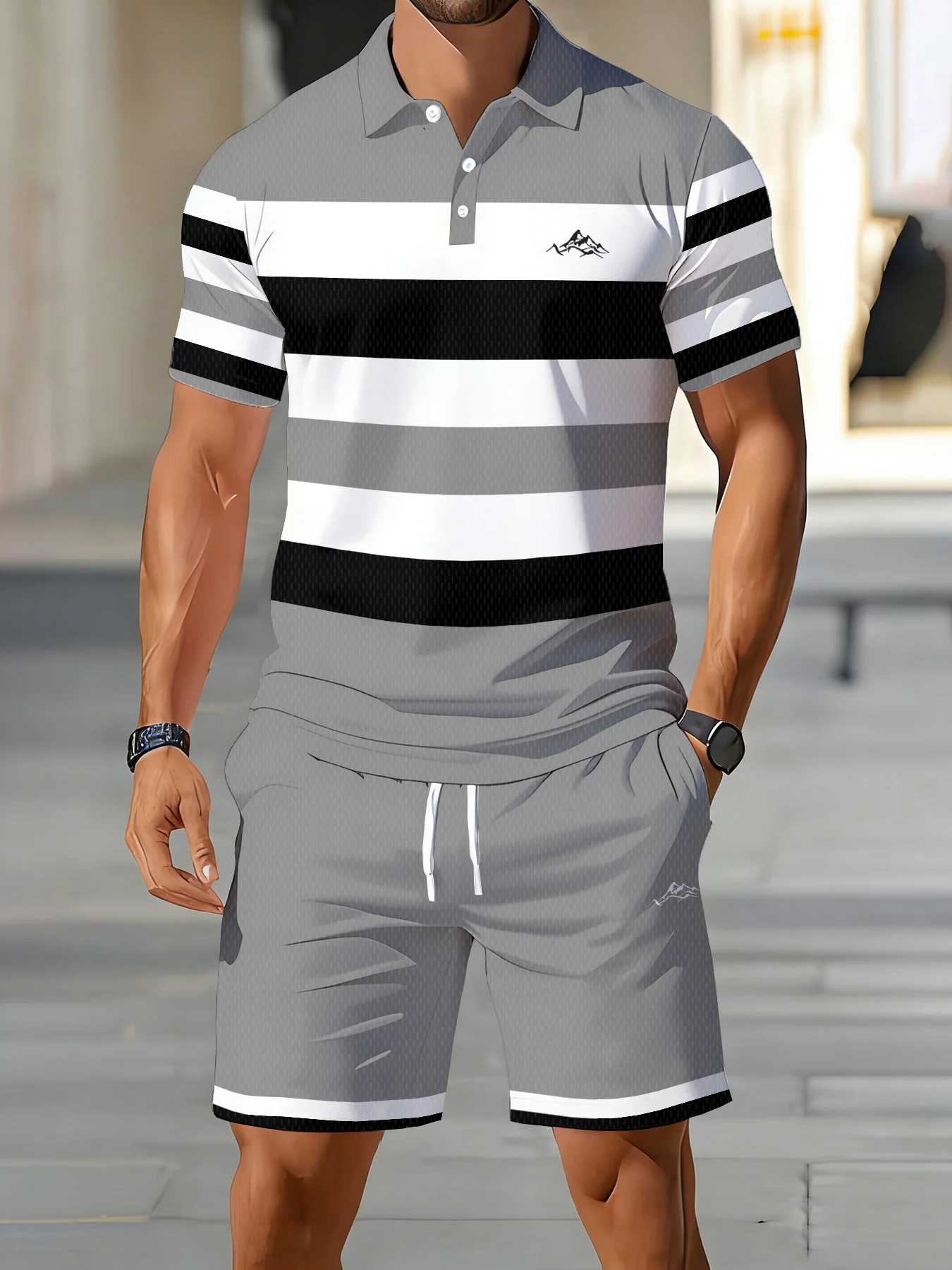 Summer Men's Polo Shirt Sets Funny Stripe 3D Print Short Sleeve