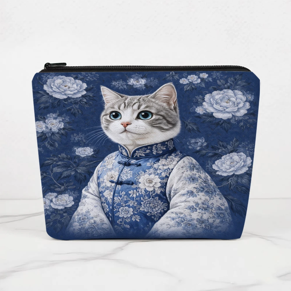 Cat In Traditional Clothing With Flowers Makeup Bags for Girls Cosmetic Pouch Toiletry Bag Pencil Case Travel Storage