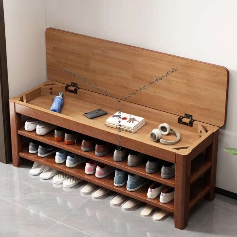 Massivholz-Schuhschrank mit Klappdeckel und Sitzbank für den Eingangsbereich, 2-in-1 Sitz-Schuhregal, Möbel für die Haustür JT40