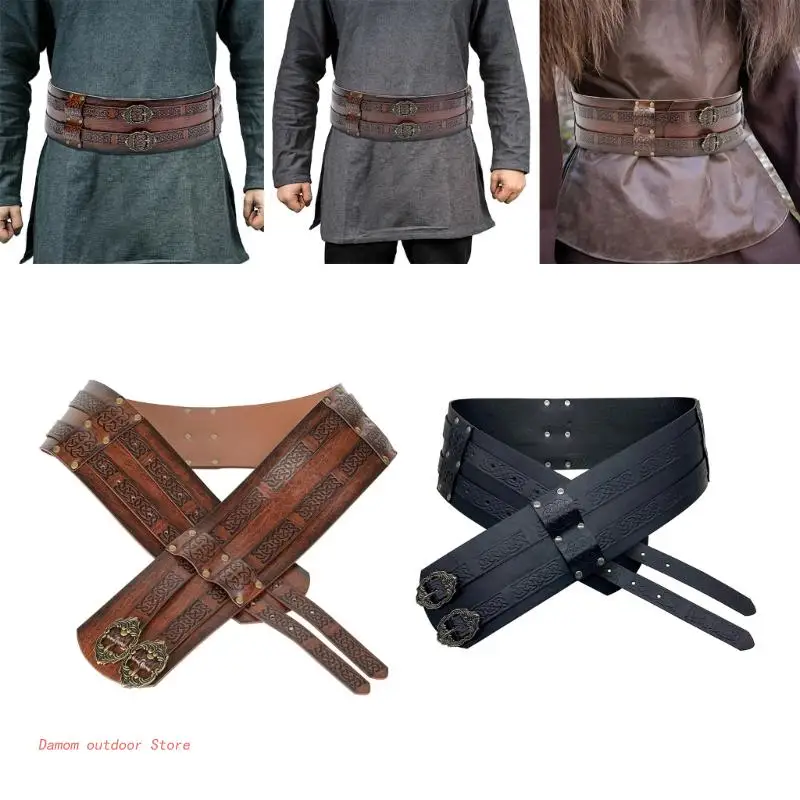 Embossed PU Leather Belt Renassance Buckle Belt Wide Belt Norse Cosplay Belt Halloween Men Costume