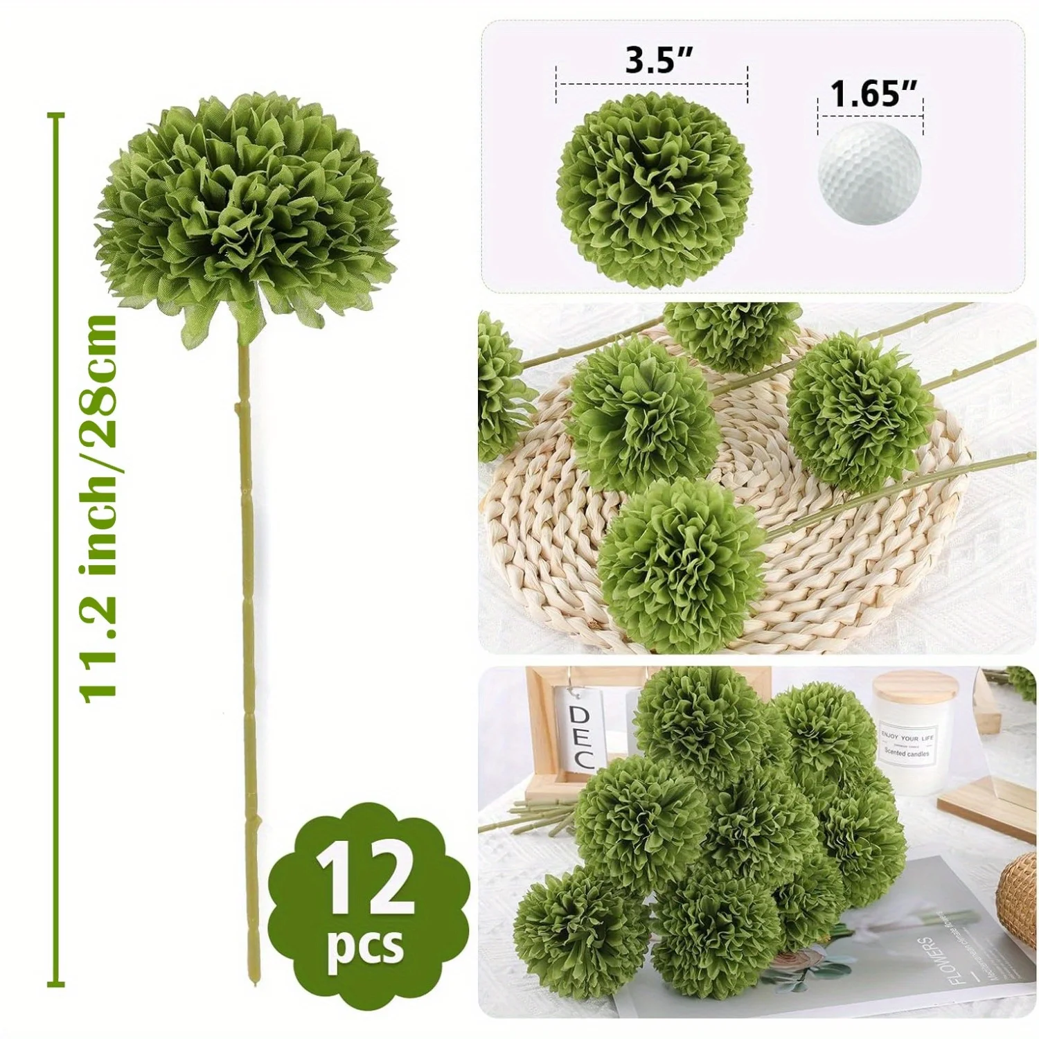 كرة أقحوان صناعية - 12 قطعة مع زهور خضراء لتزيين المنزل، الذكرى السنوية للزفاف، تشكيلة الزهور #3