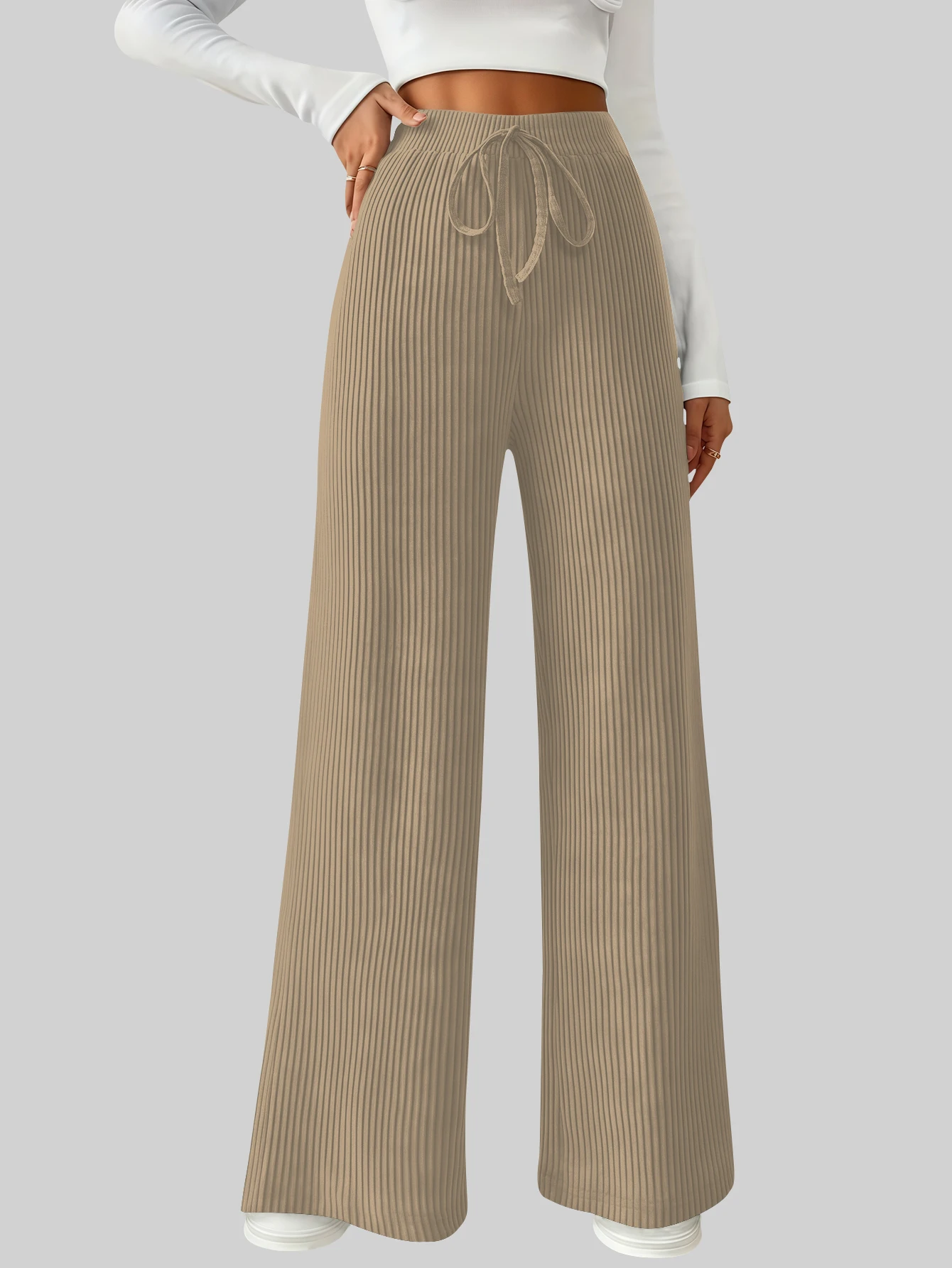 Einzelstück, einfarbig, einfach, vielseitig, lässig, elastische Taille, lange Damenhose, lässig, Basic-Stil, gestrickt, dehnbar, lockere Hose mit weitem Bein, mehrere Farboptionen