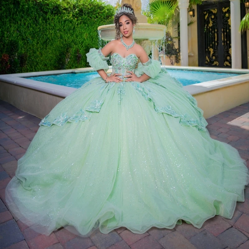 

Green Shiny Quinceanera Dresses Off The Shoulder Applique Lace Beading Crystal Bow Tull Corset Party Birthday Sweet 16 Dress