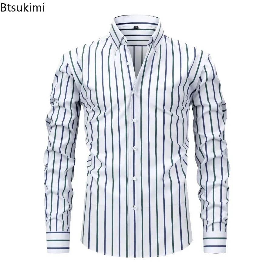 New Men's Dress Shirts Long Sleeve Striped Business Office Formal Shirts High Quality Social Casual Slim Shirts Streetwear Homme